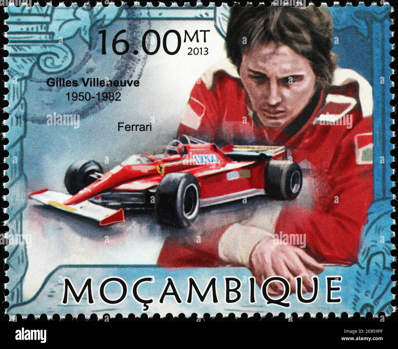 Rennfahrer Gilles Villeneuve und sein Ferrari auf Briefmarke Stockfoto