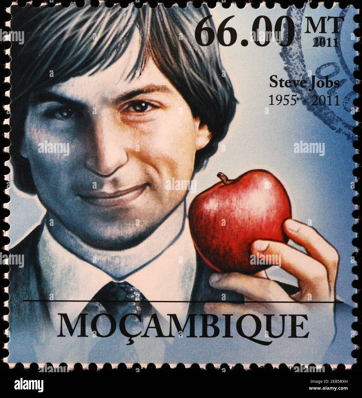 Der junge Steve Jobs mit einem Apfel auf Briefmarke Stockfoto