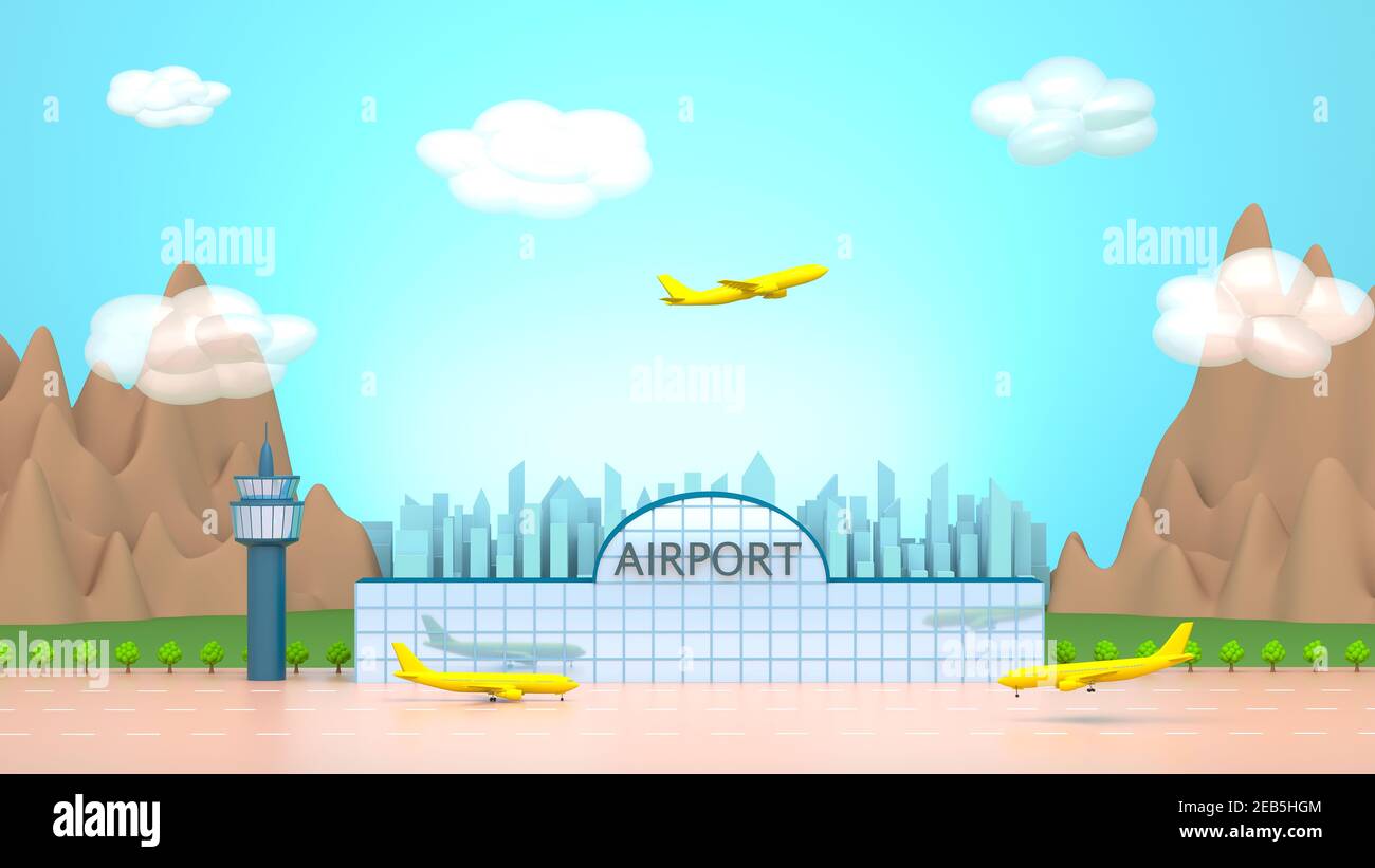 Illustration-Konzept des Flughafens. Eine Konzeptszene mit Flughafengebäude und Flugzeugen. Im Hintergrund die Berge und die Stadt. 3D Rendern. Stockfoto