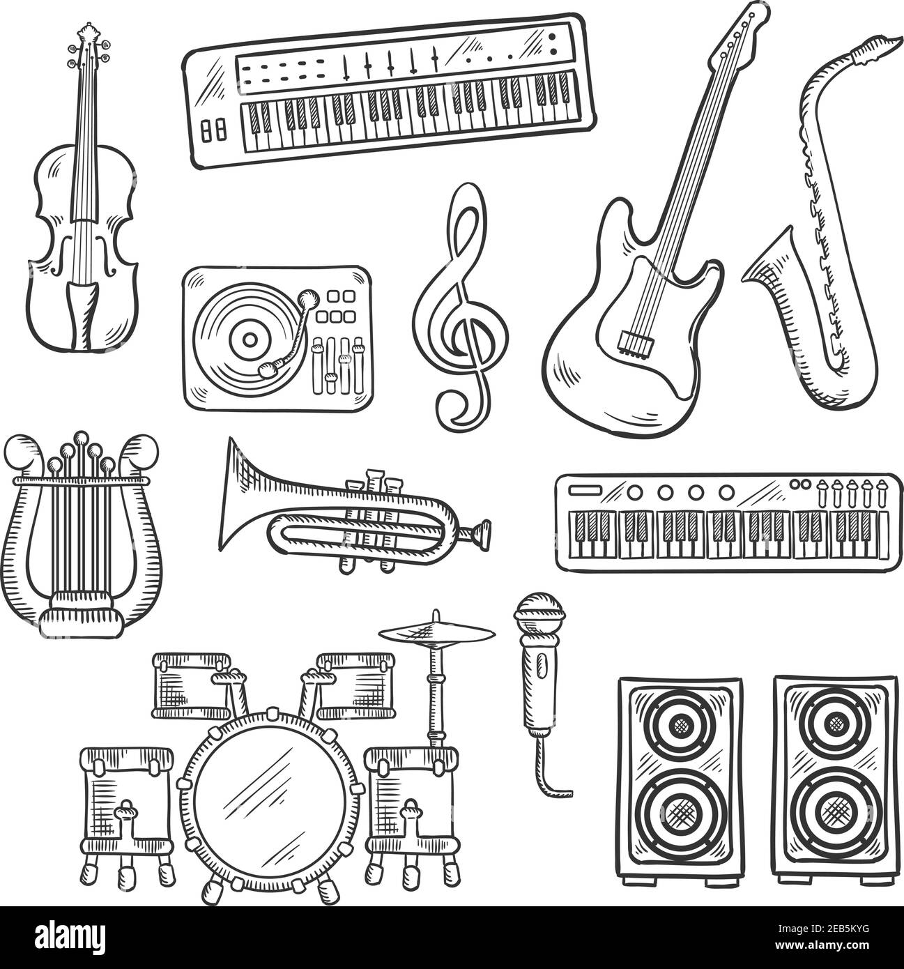 Musikinstrumente und Geräte skizzieren Ikonen von E-Gitarre, Mikrofon und Saxophon, Trompete, Schlagzeug, Plattenspieler und Synthesizer, Leier Stock Vektor