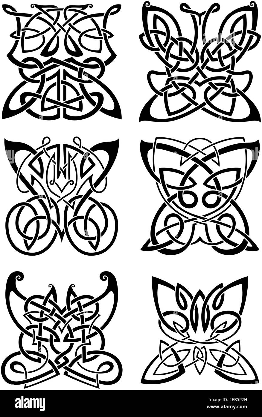 Keltische Tattoos anmutiger schwarzer Schmetterlinge mit ornamentalen Flügeln, zusammengesetzt aus traditionellen skandinavischen Knotenmustern. Isolierter Hintergrund Stock Vektor
