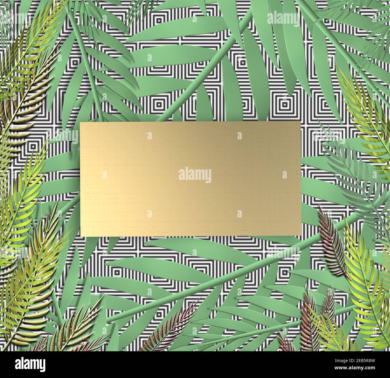 Tropische Blätter auf dunkelblauem Hintergrund. Goldenes Geschenklabel für Nachbau. Exotisches botanisches Design. Modell. 3D-Illustration Stockfoto