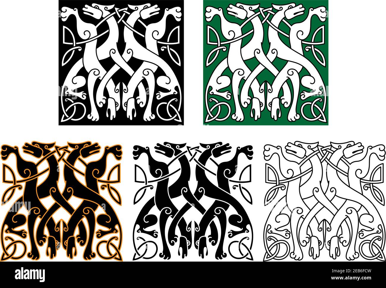 Vintage Tiermuster mit dekorativen Wölfen verflochten Schwänze und Beine, geschmückt mit keltischen Knoten ornamentalen Elementen für Tattoo oder mittelalterliche Kunst Stock Vektor