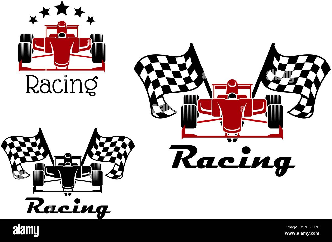 Motorsport Sport Symbole und Symbole der roten und schwarzen Rennwagen. Mit karierten Fahnen auf beiden Seiten und Bogen von Sternen oben mit Beschriftung Racing Stock Vektor