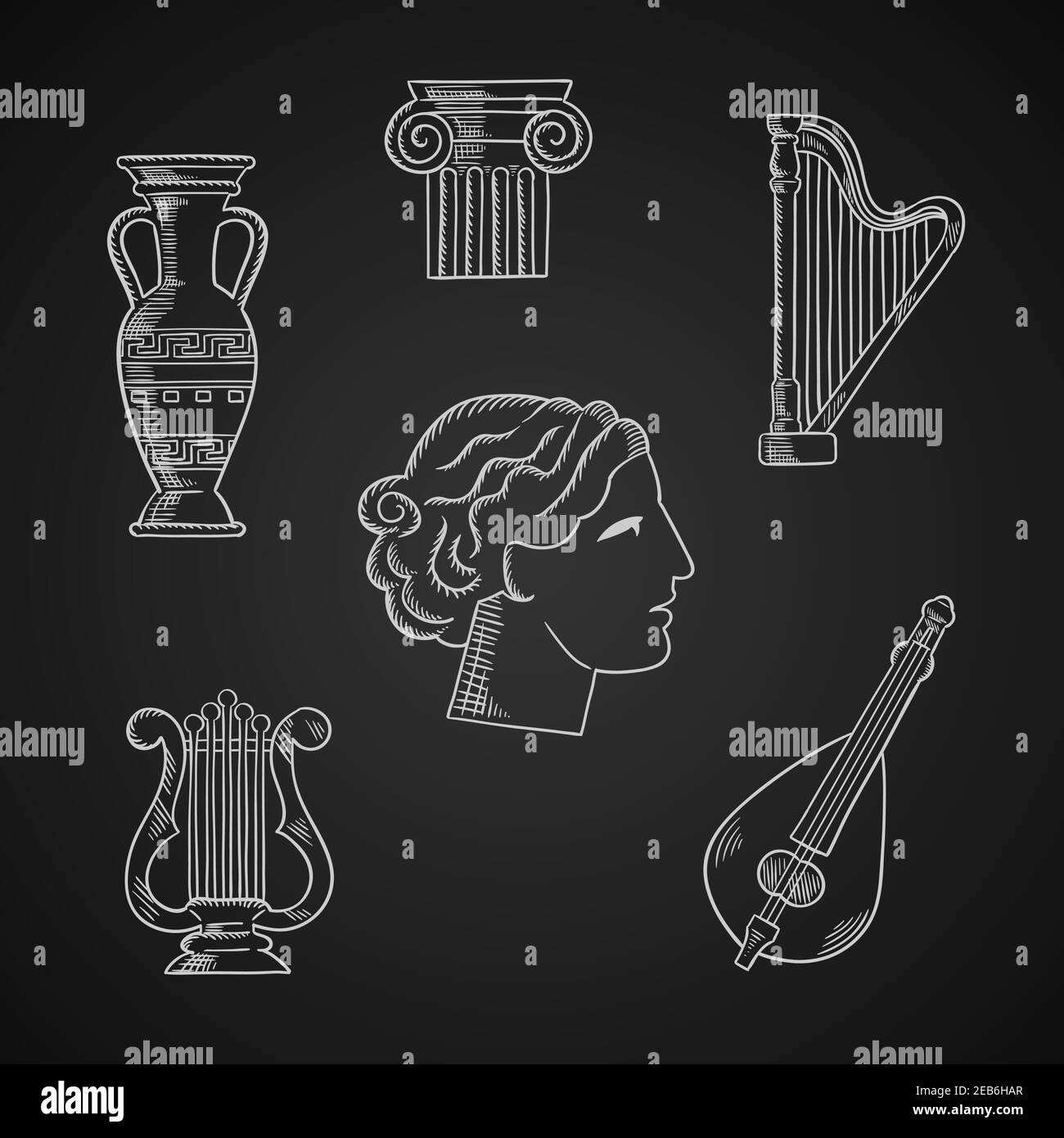 Kunst und Musikinstrumente Kreide Ikonen mit Leier, Amphore, Kolonenkapital, Mandoline, Harfe und Frauenkopf auf Tafel Stock Vektor