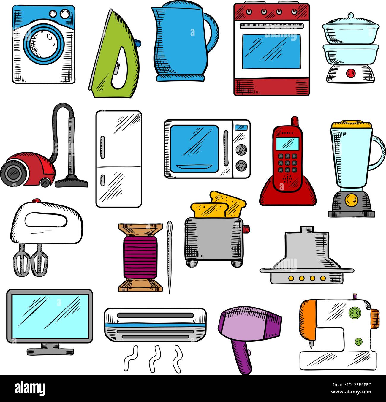 Geräte Icons Set mit Mikrowelle und Vakuum, Bügeleisen und Kühlschrank, Toaster und fernseher, Wasch- und Nähmaschinen, Mixer und Mixer, Ventilator und sto Stock Vektor