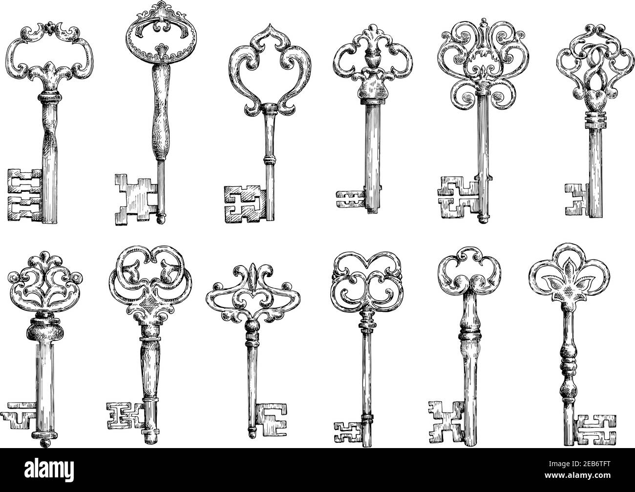 Dekorative mittelalterliche Vintage-Schlüssel mit aufwändigem Schmieden, bestehend aus Fleur-de-Lis-Elementen, viktorianischen Blattrollen und herzförmigen Wirbeln. Stock Vektor