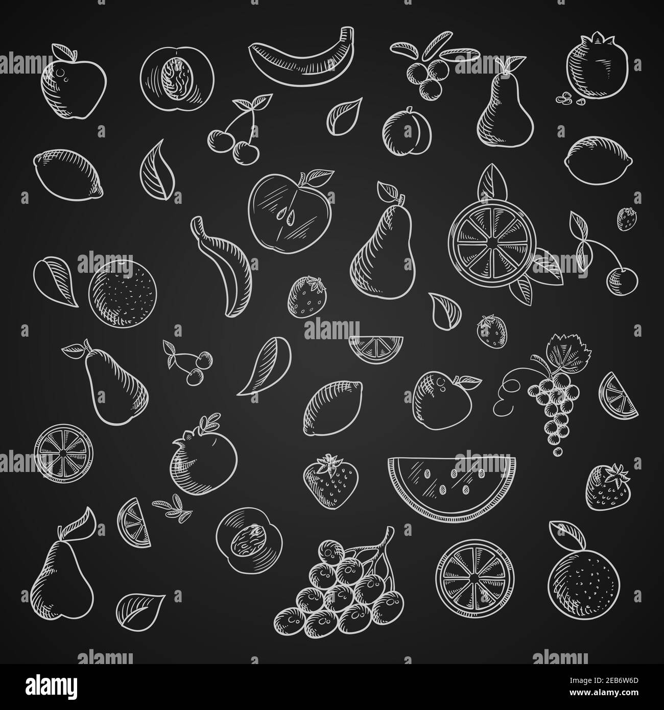 Früchte und Beeren Kreide Ikonen mit ganzen und in Scheiben geschnittenen Apfel, Banane und Birne, Aprikose, Granatapfel und Zitrone, Orange und Kirsche, Traube und Erdbeere, Stock Vektor