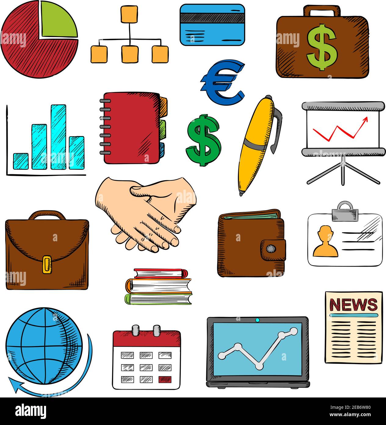 Business, Finanzen und Büro-Symbole mit Finanzberichten und Geld, Handshake und Chart, Aktentaschen und Laptop, Nachrichten und Globus, Kalender, Stift und Org Stock Vektor