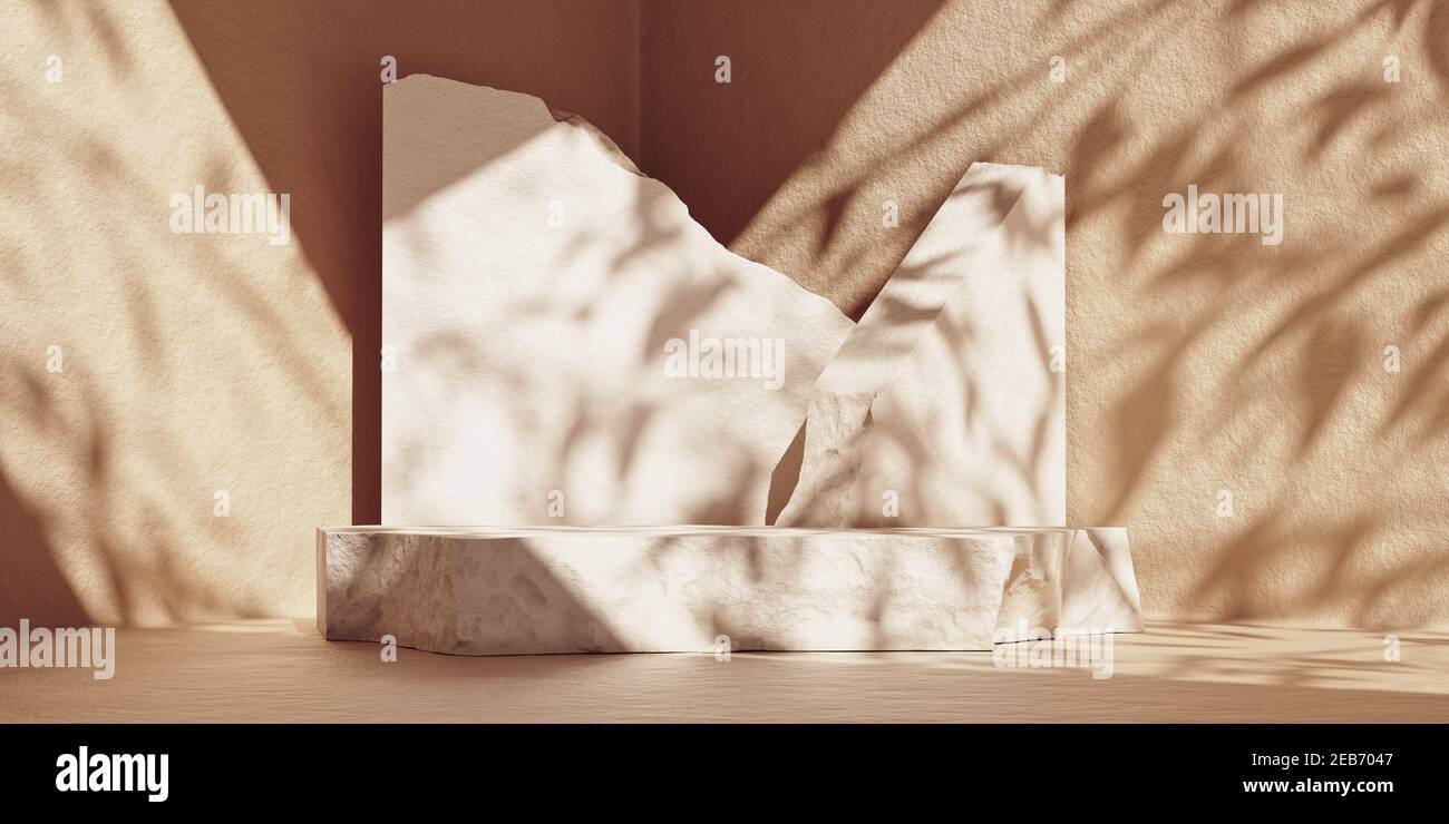 3D weiße Steinplatten Podium Display. Produktpodium für Verpackung, Branding und kosmetische Präsentation. Copy Space beige Grunge texturierten Hintergrund. 3D Darstellung rendern. Stockfoto