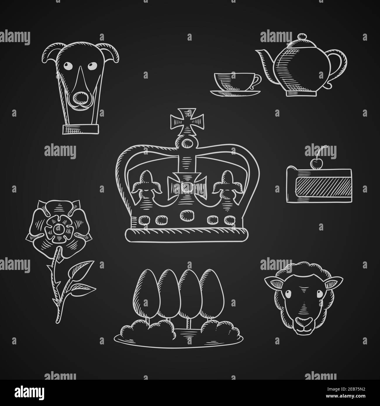 England traditionelle Symbole und Ikonen mit heraldischen Tudor Rose und Kuchen, Parklandschaft, Hund und Tee Set, Schaf und Kaiser Krone Stock Vektor