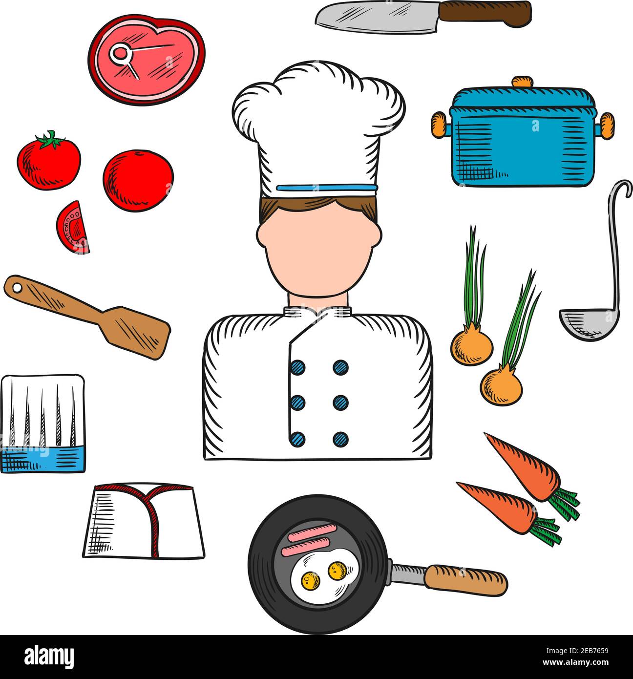Koch Beruf mit Koch in Uniform umgeben von frischen Tomaten, Zwiebeln und Karotten, Pfanne mit Eiern und Speck mit Messer, Topf mit Schöpflöffel und Fleisch st Stock Vektor