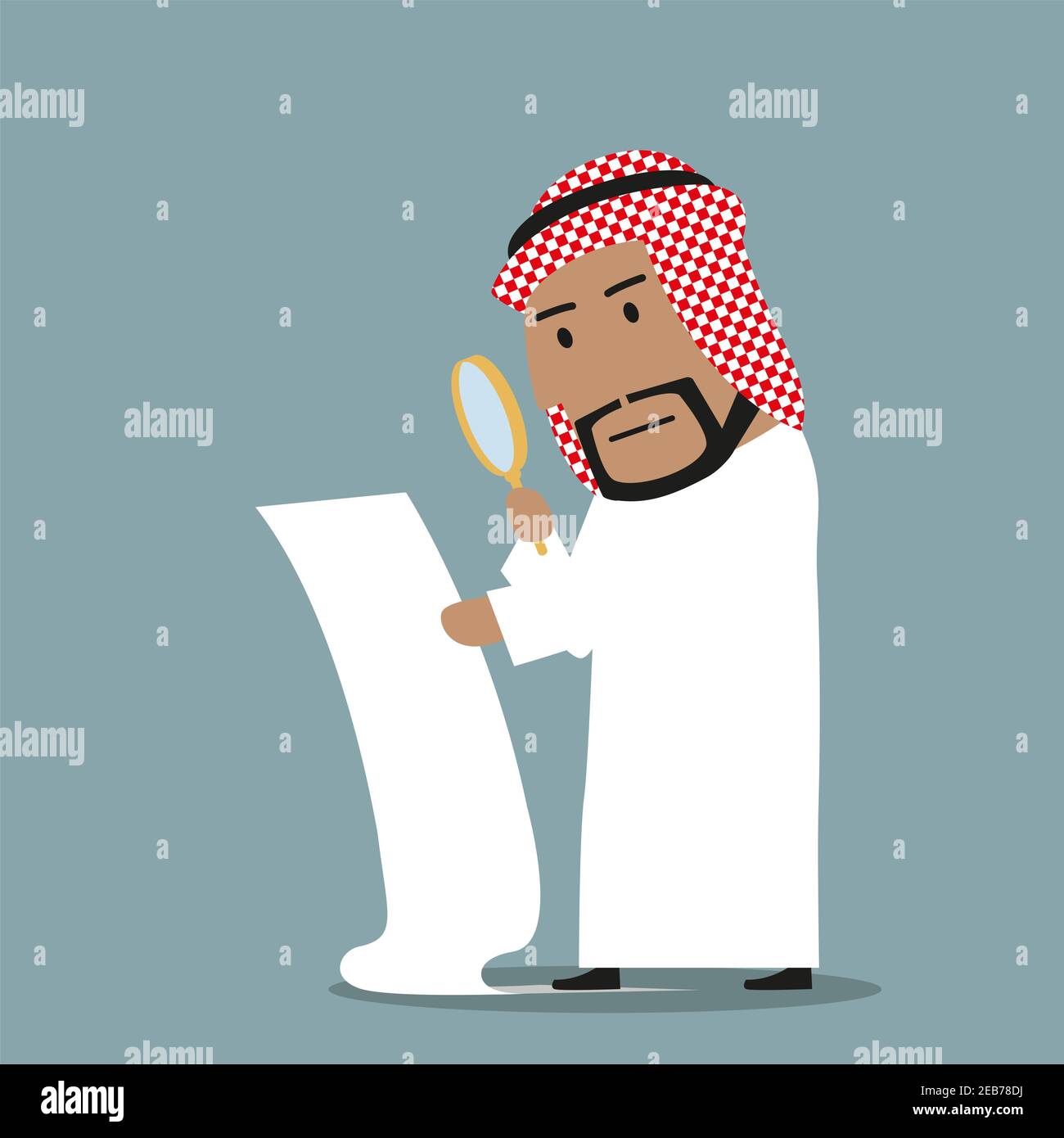 Konzentrierter arabischer Geschäftsmann mit Lupe Lesen und Analyse großer Vertrag. Vertragskontrolle, Kleingedruckte, Betrug in Begriffen und Conditi Stock Vektor