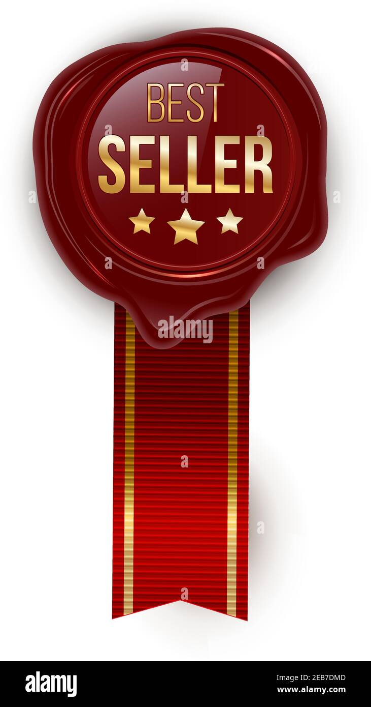 Award Seal 3D realistische Vektor-Farbdarstellung. Belohnung. Bestseller-Siegel mit Sternen. Zertifiziertes Produkt. Qualitätsabzeichen, Emblem mit rotem Band. Winn Stock Vektor