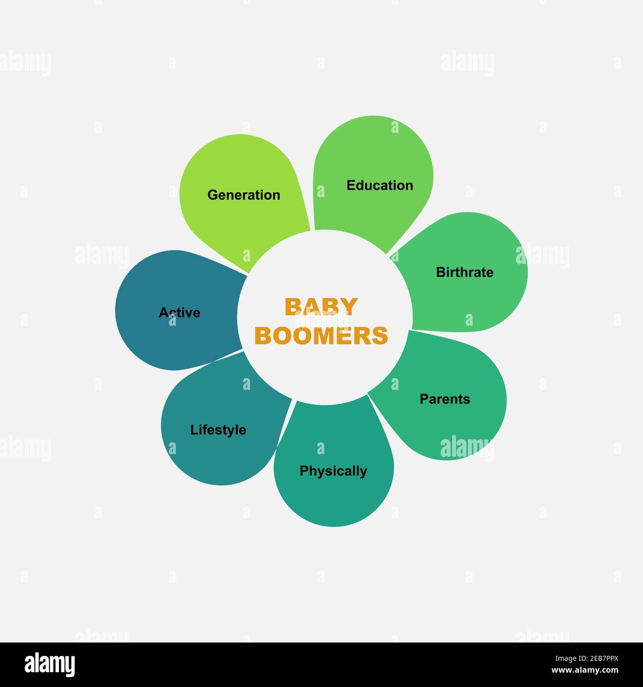 Diagramm Konzept mit Baby Boomers Text und Schlüsselwörter. EPS 10 isoliert auf weißem Hintergrund Stock Vektor