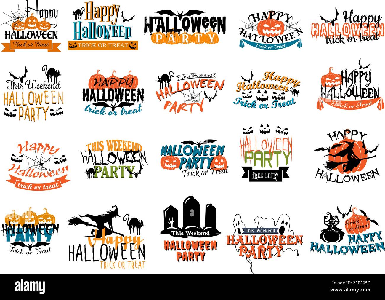 Halloween-Horror und unheimliche Banner mit Kürbissen, Katzen, Schädeln, Hexe, Spinnen, Gräbern, Fledermäusen, Gosten und Ghouls für Party-Themen-Design Stock Vektor