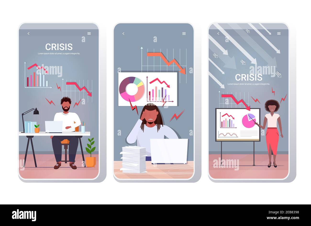 Verärgerte Geschäftsleute, die Abwärtsdiagramme analysieren, setzen, um den wirtschaftlichen Pfeil nach unten zu fallen Finanzkrise Konkurs Konzept Smartphone-Bildschirme Sammlung mobile App horizontal vektorgrafik Stock Vektor