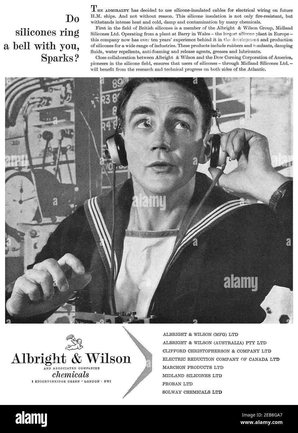 1959 Britische Werbung für Albright & Wilson Chemical Companies, mit Midland Silicones Ltd Stockfoto