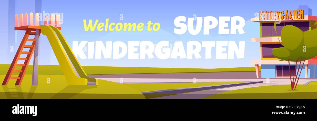 Willkommen zum Super Kindergarten Poster. Vektor-Cartoon-Illustration von Kindertagesstätte Gebäude auf der Stadtstraße und Spielplatz mit Rutsche für Kinder auf grünem Rasen. Banner-Vorlage für Kindergarteneingang Stock Vektor