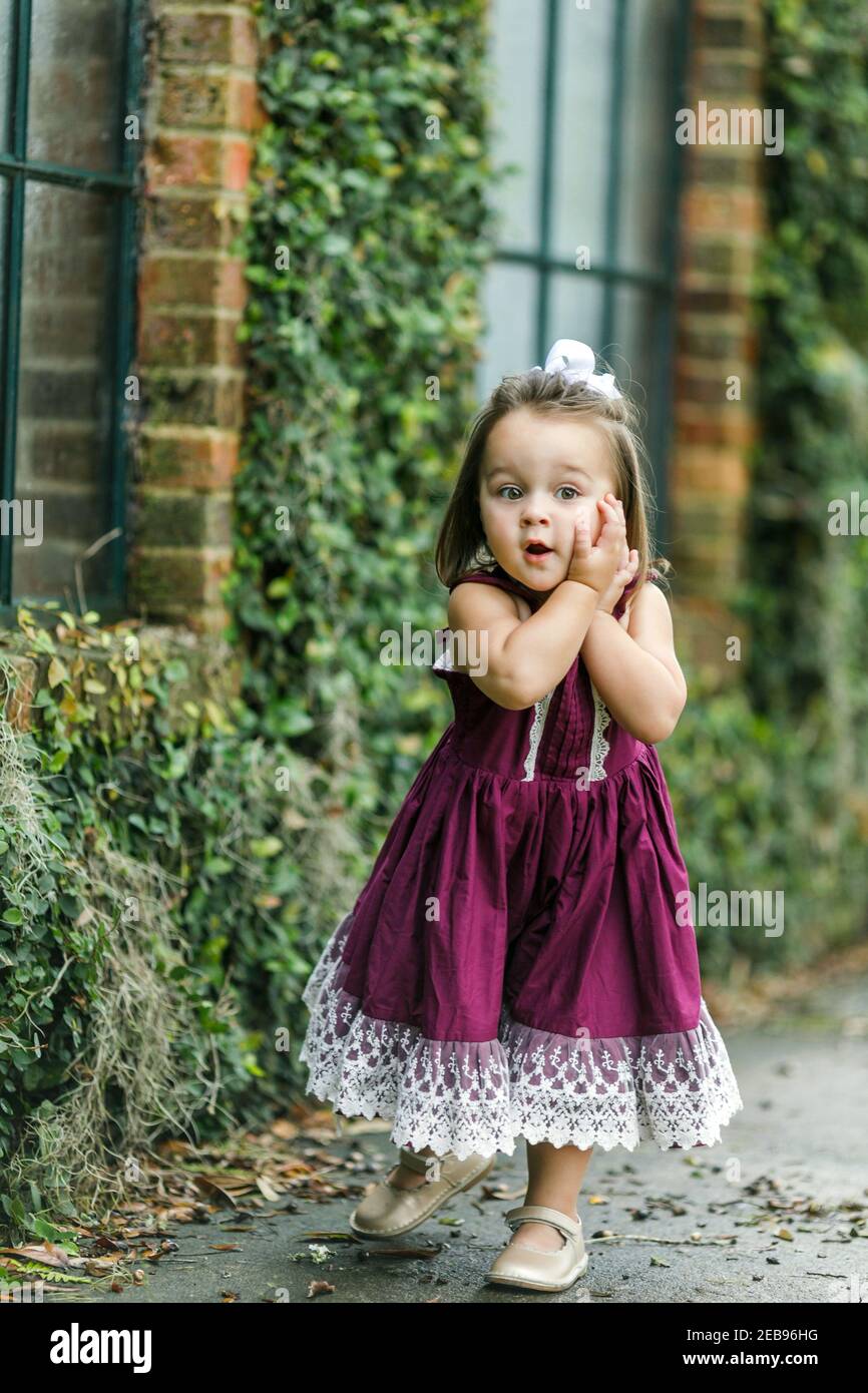 Ein nettes zwei Jahre altes Mädchen in einem lila Kleid steht in der Nähe eines grünen Ziegelwand und Fenster bedeckt. Stockfoto