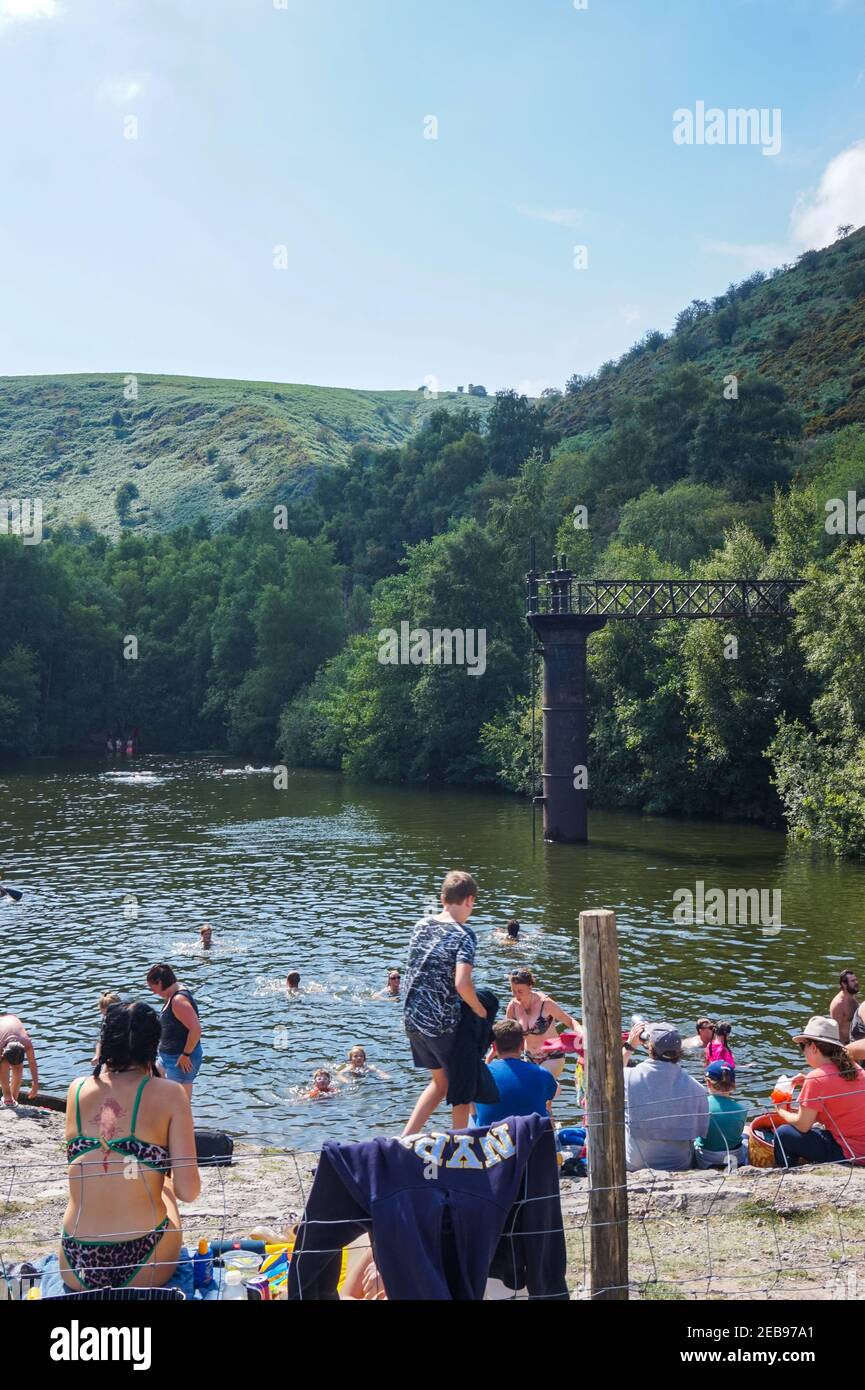 Schwimmen im Carding Mill Valley Reservoir und dem Long Mynd, Shropshire Hills, Church Stretton, National Nature Reserve Stockfoto