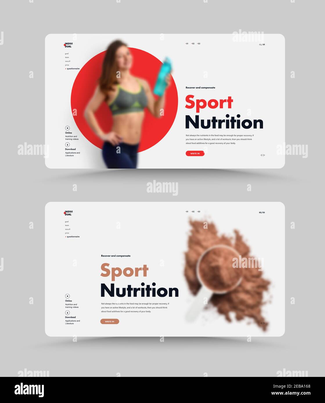 Set von UI/UX Website Design Homepage für Sporternährung oder Nahrungsergänzungsmittel. Web-Seite Vorlage mit Platz für Foto und roten Kreis auf dem Hintergrund. Min Stock Vektor