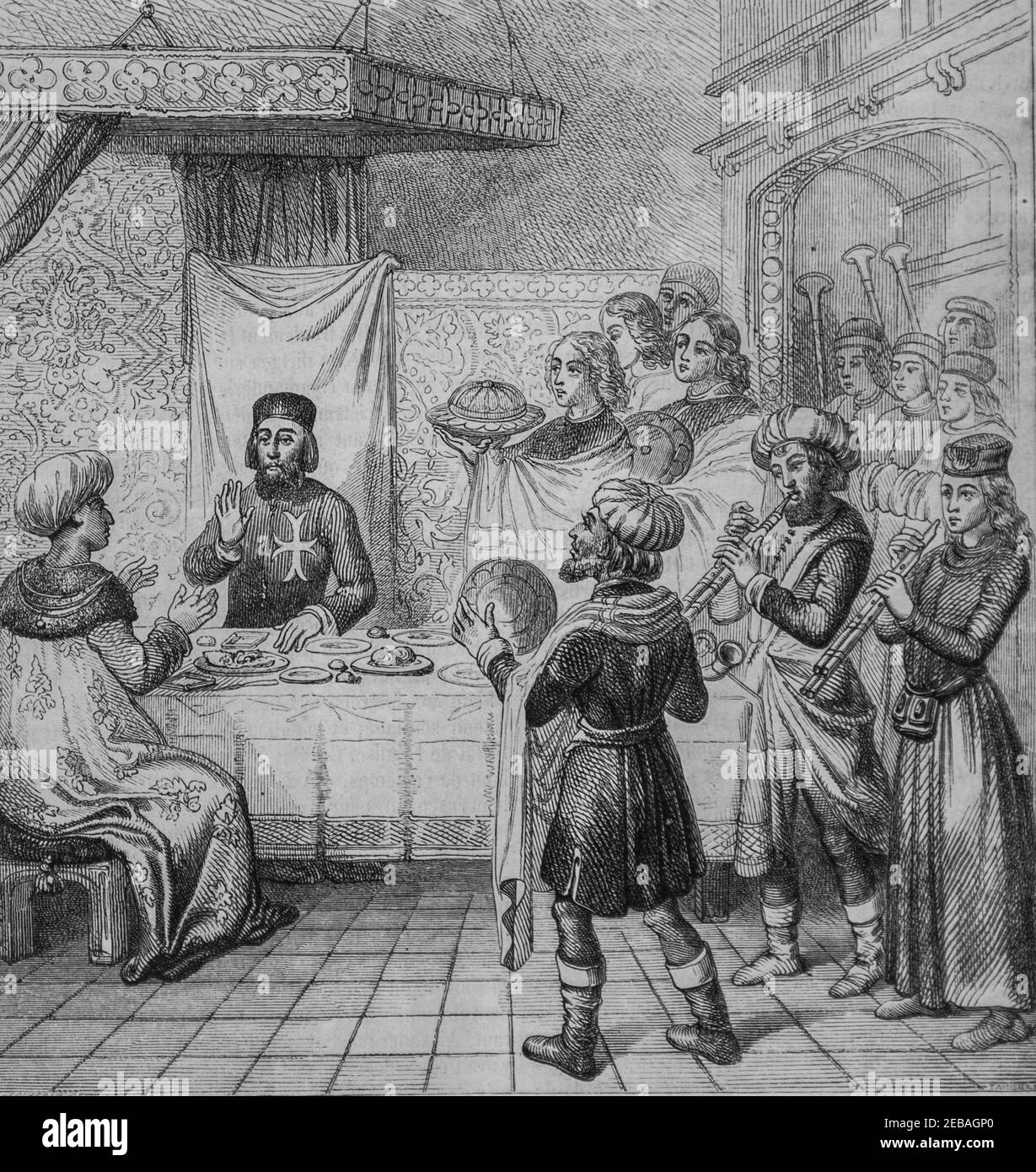 Zizim fils de mahomet,dinant a la table du Grand maitre , le Magazine pittoresque par edouard charton 1855 Stockfoto