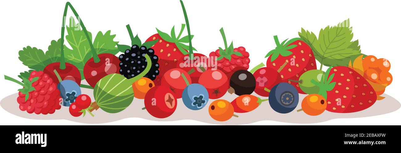 Zusammensetzung aus Wald- und Gartenbeeren mit Erdbeer-Heidelbeer-Himbeere Moltebeere Stachelbeere Elemente flache Vektor-Illustration Stock Vektor