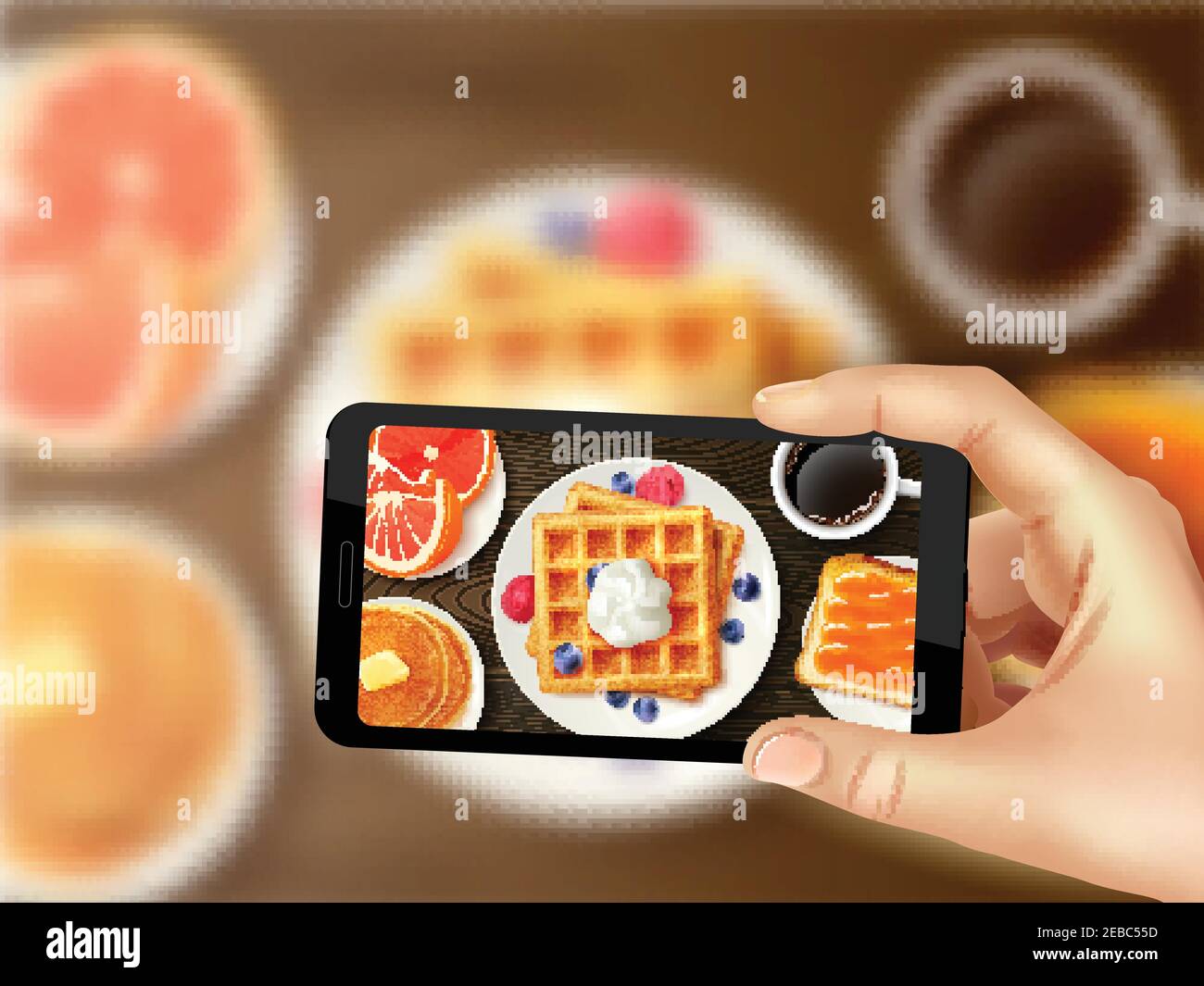 Süßes, gesundes Frühstück mit Waffeln, Beeren, Orange und Kaffee Smartphone Foto teilen realistische Vektordarstellung Stock Vektor