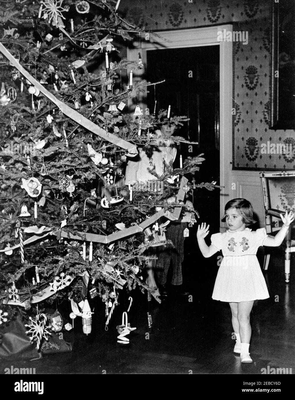 Caroline Kennedy (CBK) und Weihnachtsbaum im Blauen Zimmer [WH/HO]. Caroline Kennedy steht neben dem Weihnachtsbaum im Blauen Raum des Weißen Hauses, Washington, D.C. Jean Kennedy Smith und ein unidentifiziertes Kind sind im Hintergrund zu sehen. [Foto von Don Stoderl]rnrn[Kopie Negativ aus WH/HO-Sammlung mit dem Titel u0022CBK u0026 Xmas Treeu0022] Stockfoto