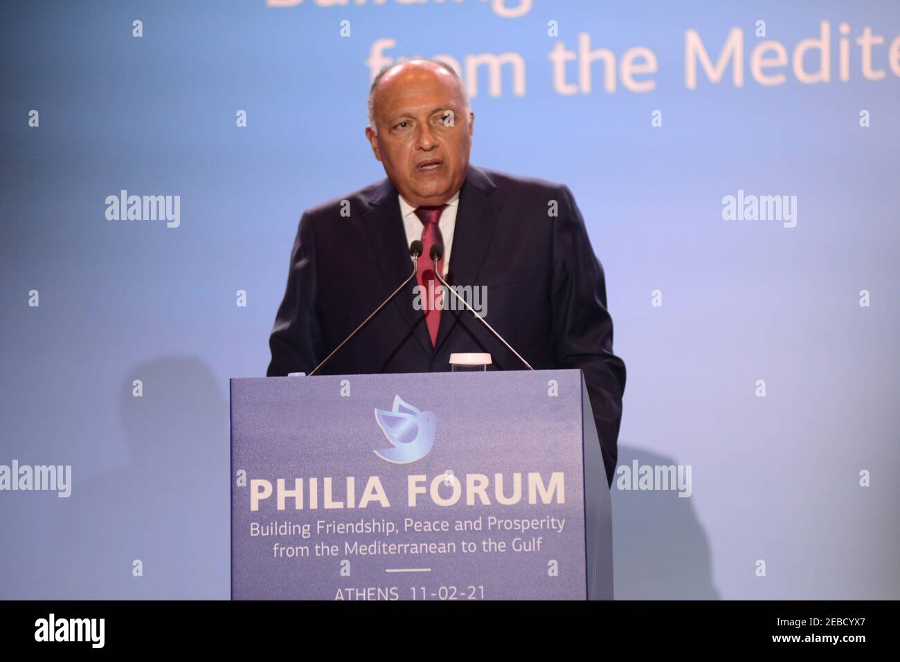 Athen, Griechenland. Februar 2021, 11th. Außenminister der Republik Ägypten Dr. Sameh Hassan Shoukry beim Philia Forum in Athen, Griechenland am 11. Februar 2021. (Foto von Dimitrios Karvountzis/Pacific Press/Sipa USA) Quelle: SIPA USA/Alamy Live News Stockfoto