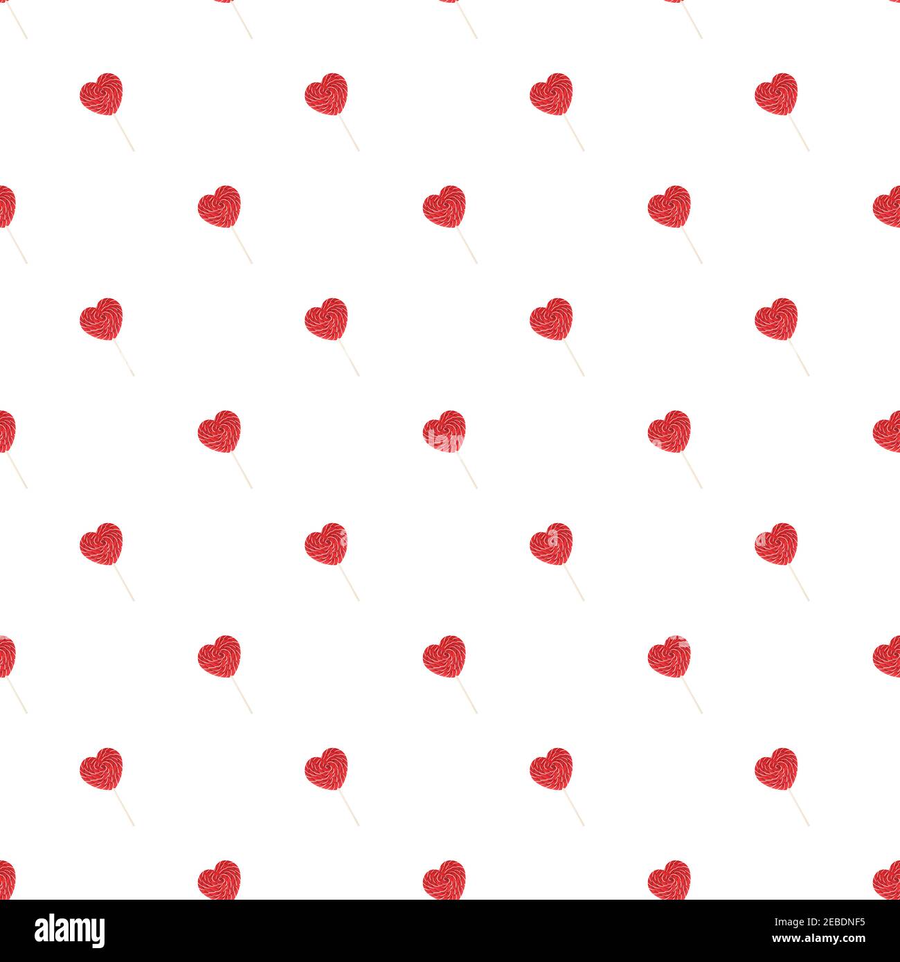 Nahtloses Muster. Valentinstag Hintergrund. Rote Lollipop Süßigkeiten Herzen auf weißem Hintergrund. Flach liegend Stockfoto