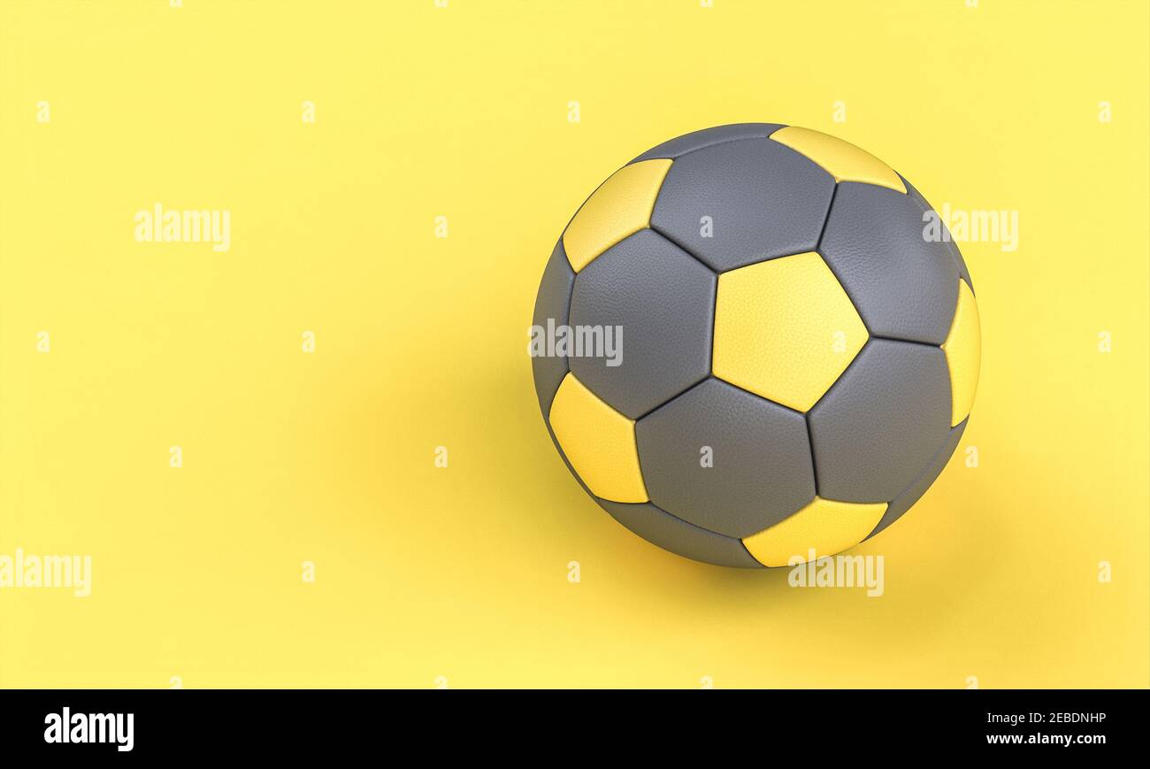 Grauer und gelber Fußball auf gelbem Hintergrund in flacher Lay-Optik. 3D Rendern. Stockfoto