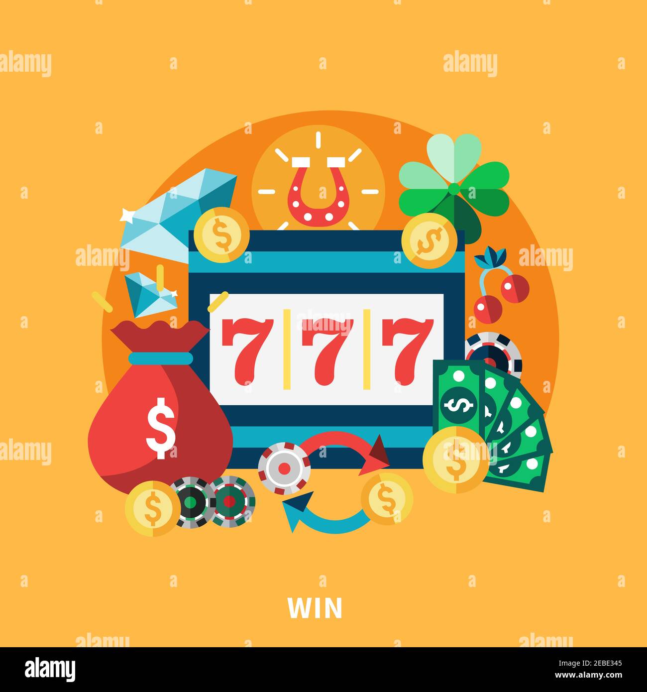 Casino pockie Maschine Icons runde Zusammensetzung mit Münzen Geld Gold Chips Symbole flache Vektor-Illustration Stock Vektor