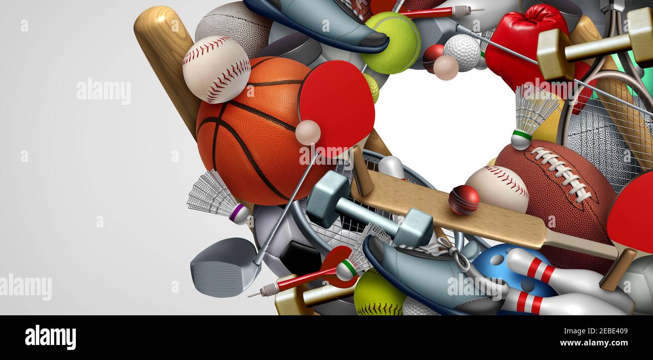 Liebe von Sportausrüstung Hintergrund mit einem Fußball Basketball Baseball Fußball Tennis und Golfball einschließlich Tischtennis Tennis Hockey Puck. Stockfoto