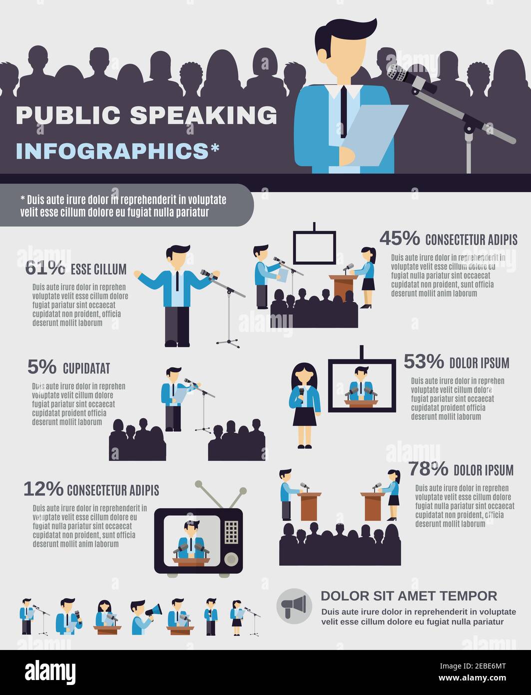 Public speaking Infografiken mit Geschäftsleuten und professionelle Lautsprecher Vektor gesetzt Abbildung Stock Vektor