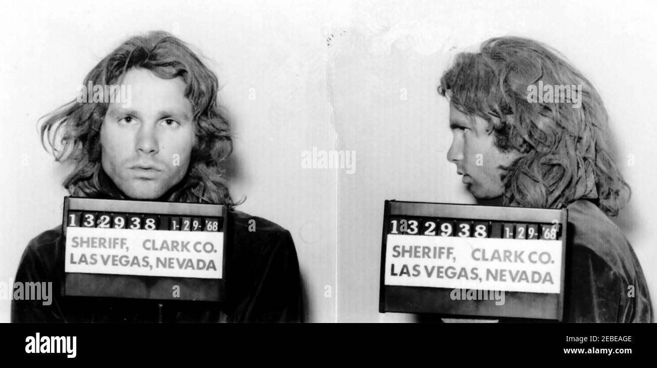 JIM MORRISON (1943-1971) amerikanischer Rockmusiker. Polizei mugshot nach seiner Verhaftung in Las Vegas am 28. Januar 1968 öffentliche Trunkenheit und Unruhe. Stockfoto