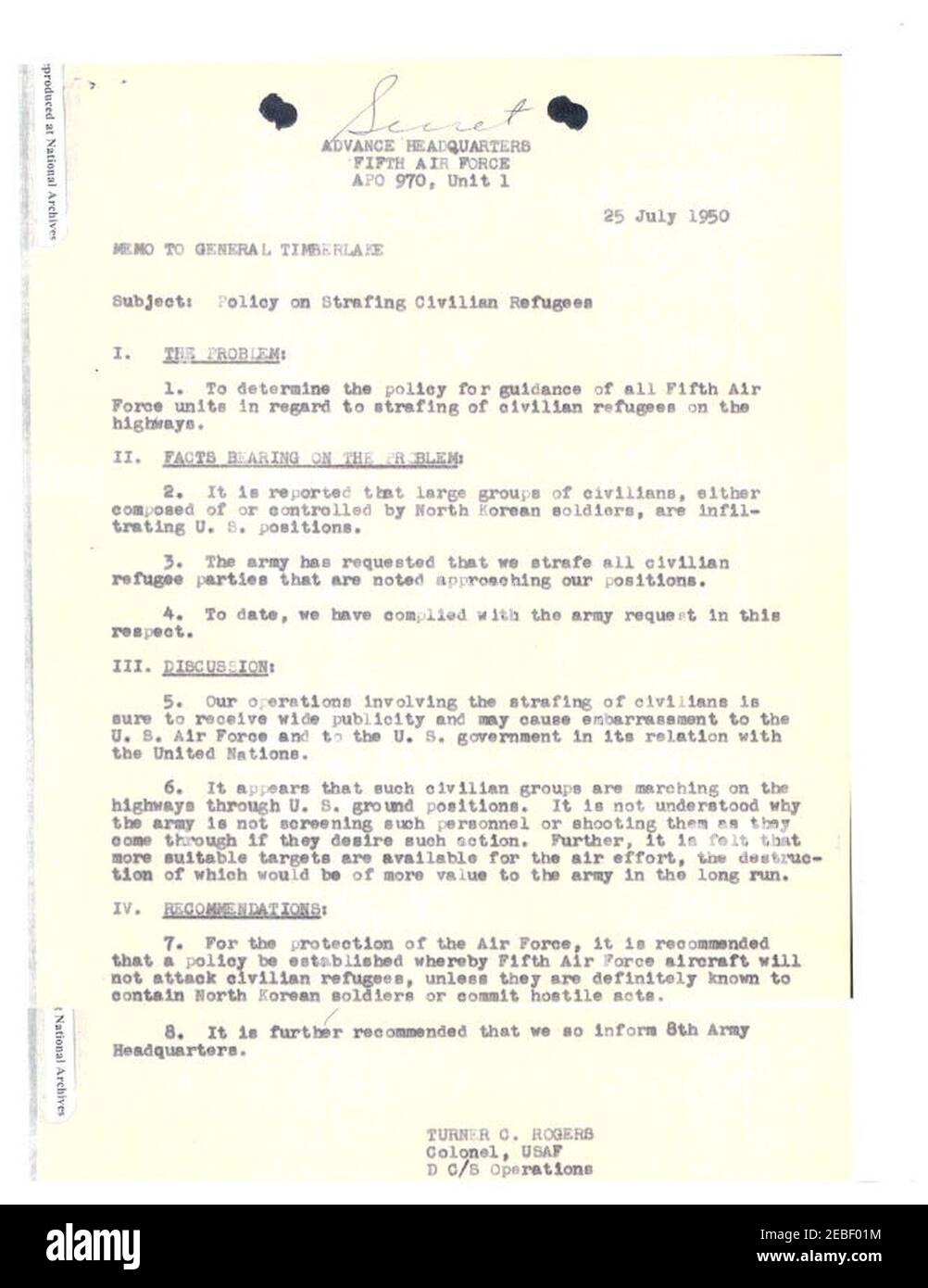 No Gun Ri 04 - USAF 25 Juli - Memo erzählt von Politik, um Flüchtlinge zu stachern. Stockfoto