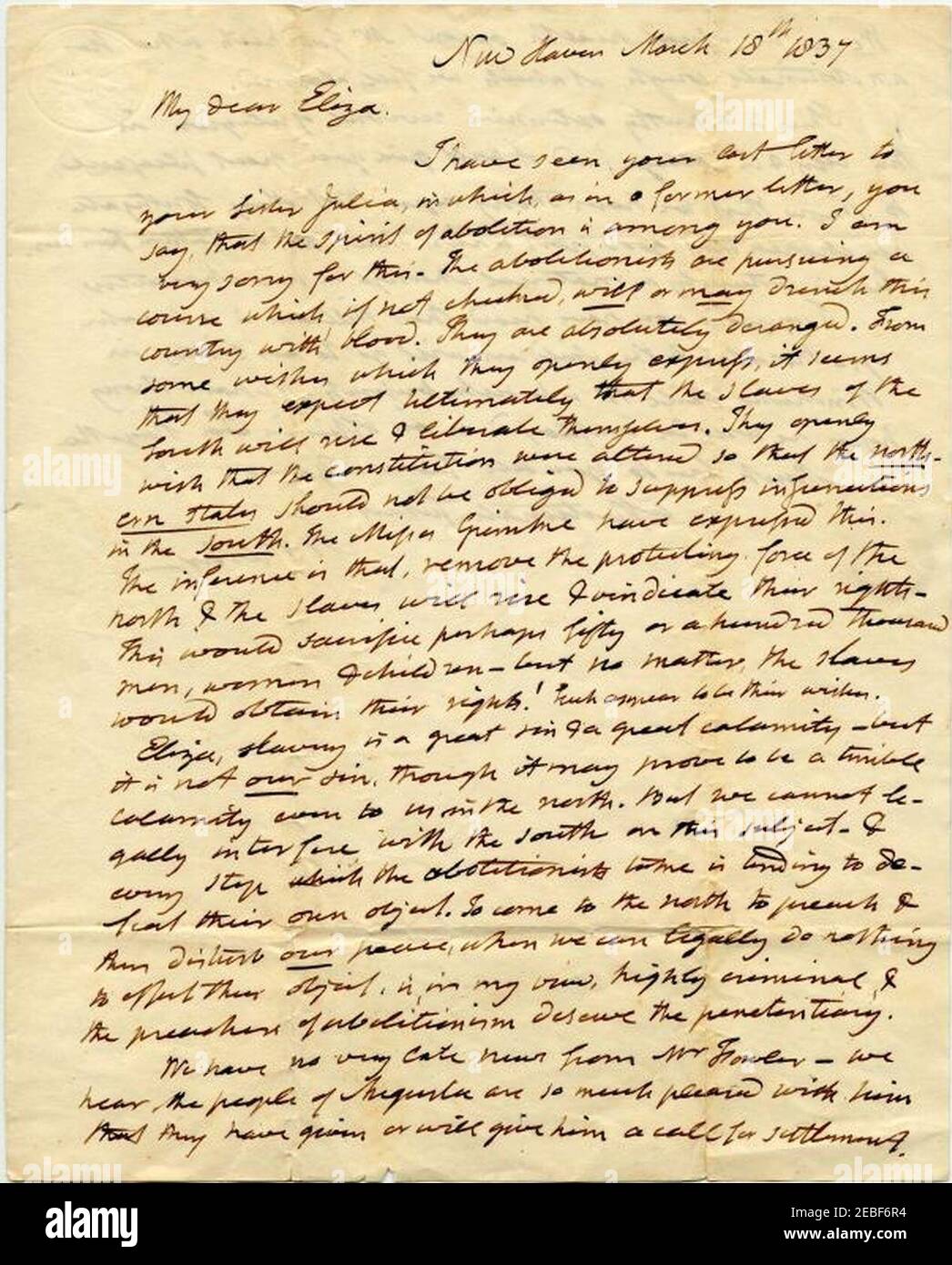 Noah Webster Brief an Eliza Webster über den Abolitionismus 1837. Stockfoto
