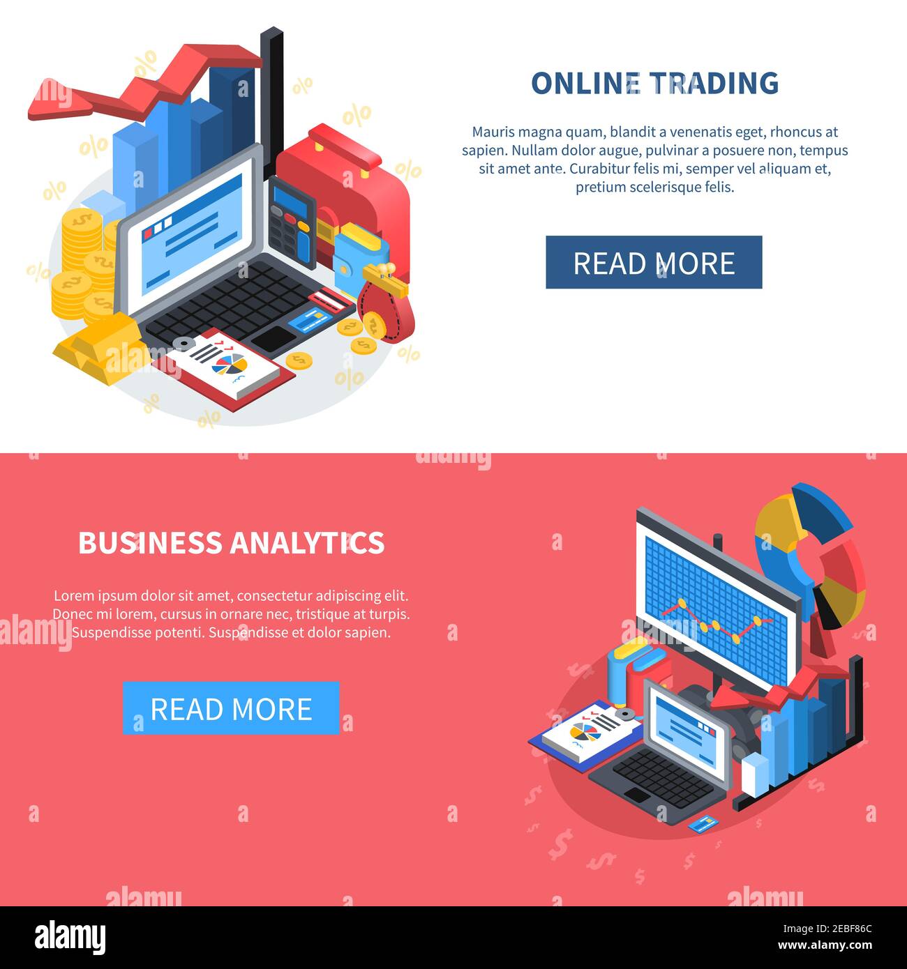 Online-Handel und Business Analytics isometrische Banner mit mehr lesen Schaltflächendiagramme Geld Büro Bücher Computer Symbole Vektor Illustration Stock Vektor