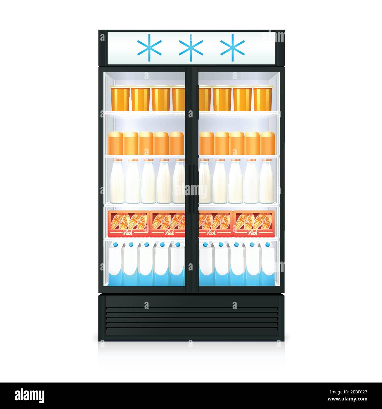 Tiefkühlschrank realistische Vorlage mit Lebensmitteltrinkflaschen Kartons und Glas Vektordarstellung „Tür isoliert“ Stock Vektor