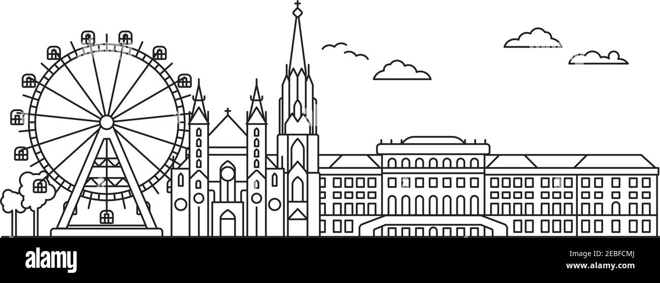 Wiener Stadtbild Linie Kunst Illustration. Prater Riesenrad, Stephansdom und Schloss Schönbrunn in der Hauptstadt Australiens in Panoramalage. Stock Vektor