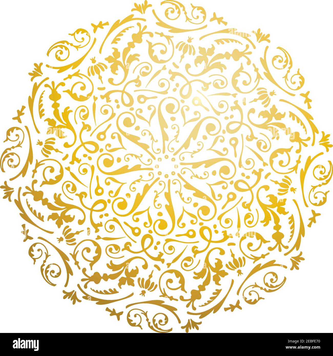 Florales Goldfarbenes Mandala. Modernes und kunstvolles Mandala mit hellem Metallic-Farbton. Geometrisches kreisförmiges Designelement für Einladungskarten und Grußkarten Stock Vektor