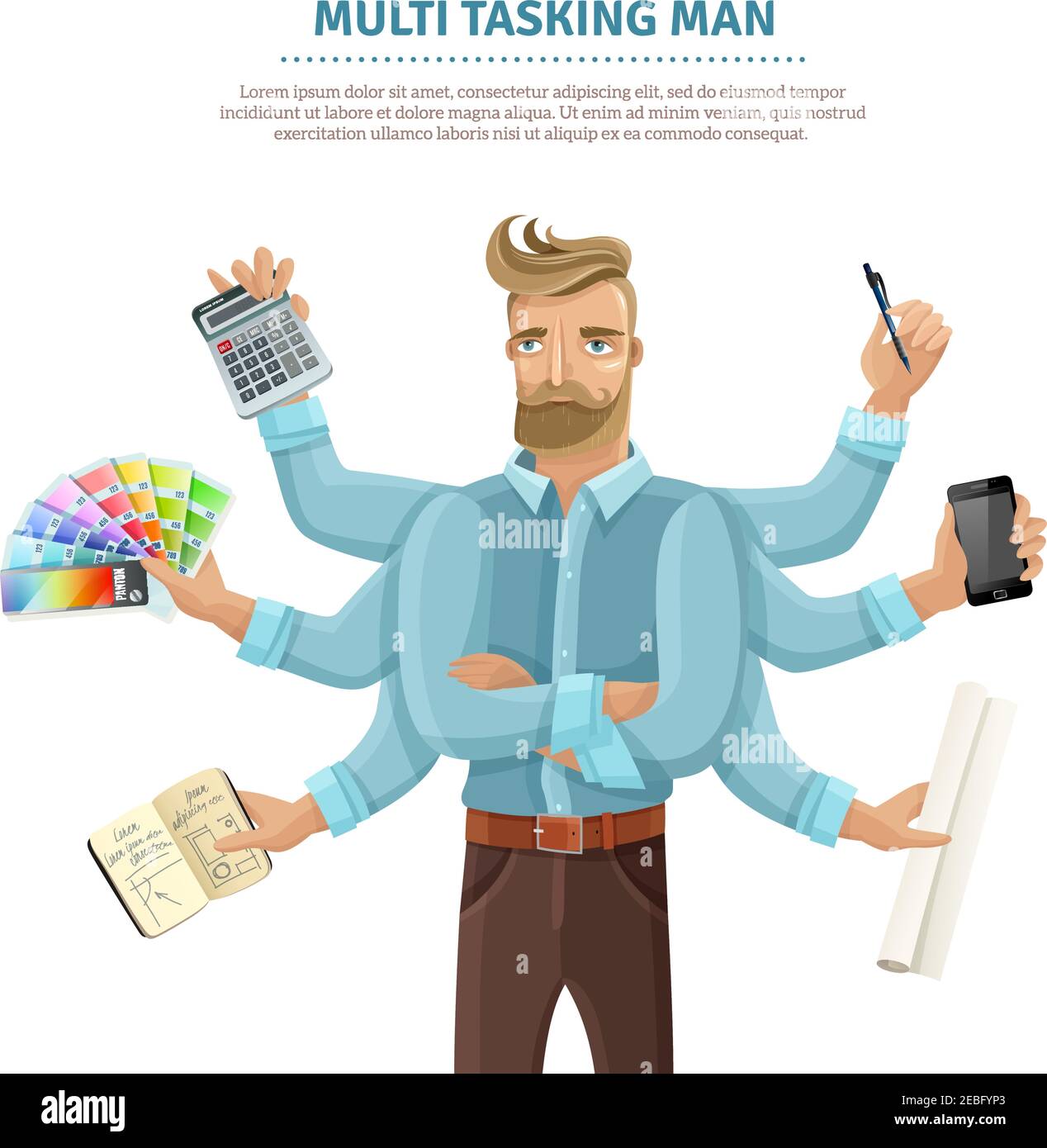 Multitasking flaches informatives Plakat mit Text und achtarmiger junger Mann Lesen Mailing Schreiben gleichzeitig Vektor-Illustration Stock Vektor