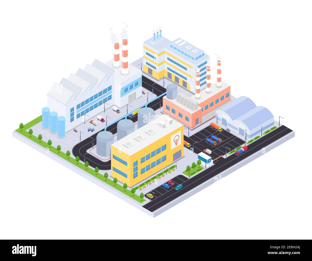 Industriekomplex - moderne Vektor bunte isometrische Illustration. Bilder von Gebäuden, Fabriken und Anlagen, Rohre, Parkplätze, Straße mit Fahrzeugen Stock Vektor