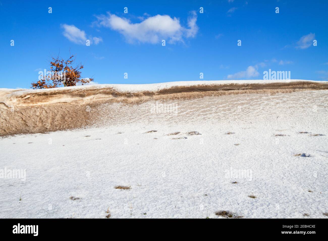 Schneewehe, eine Schneeablagerung und etwas Sand, der während eines Schneesturms vom Wind in einen Hügel geformt wurde Stockfoto