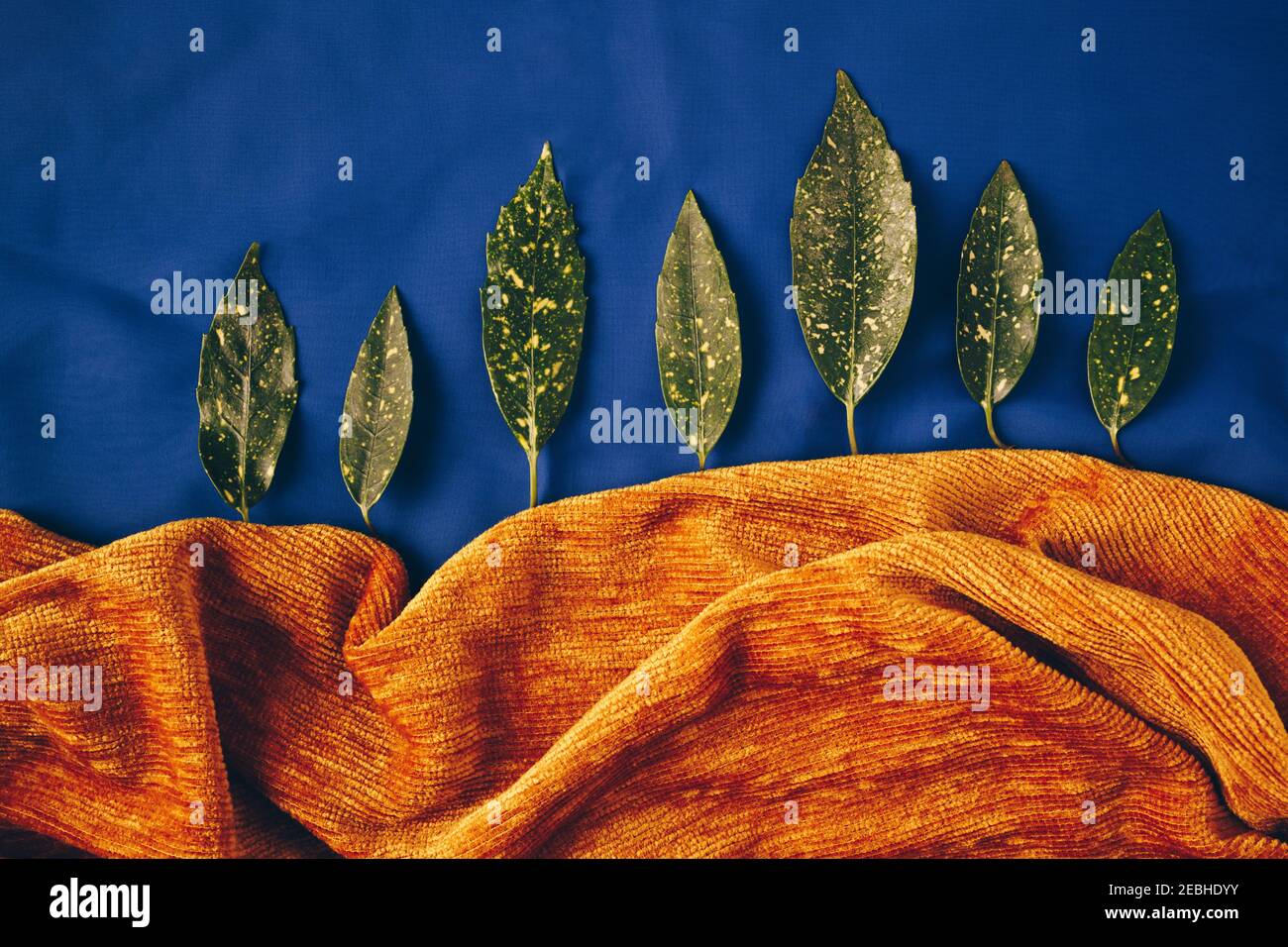 Sommerwaldlandschaft aus grünen Blättern auf cyanblauem Hintergrund. Minimales Naturkonzept. Flach liegend. Stockfoto