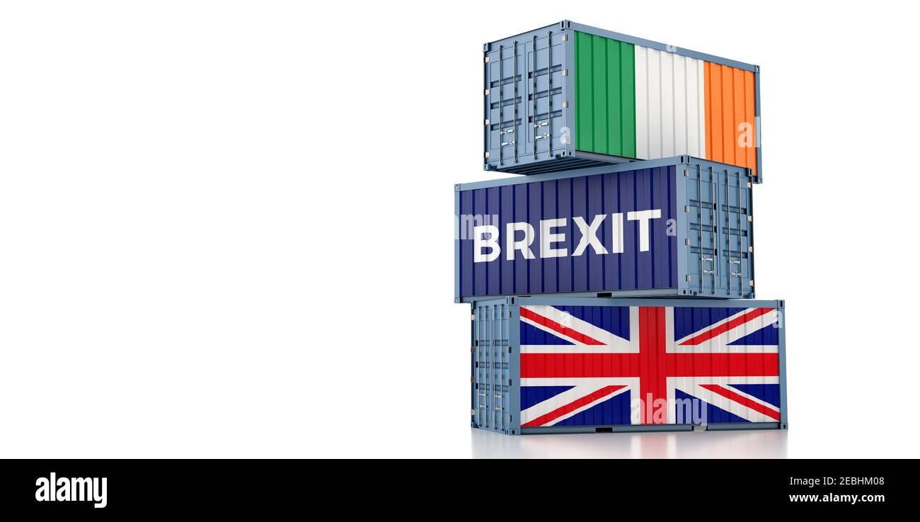 Frachtcontainer mit Flagge von Irland und Großbritannien. Brexit-Grenzprobleme. 3D Rendering Stockfoto