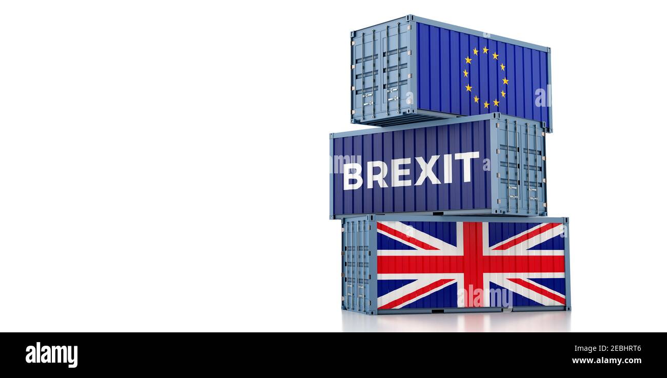 Frachtcontainer mit Flagge der Europäischen Union und des Vereinigten Königreichs. Brexit-Grenzprobleme. 3D Rendering Stockfoto