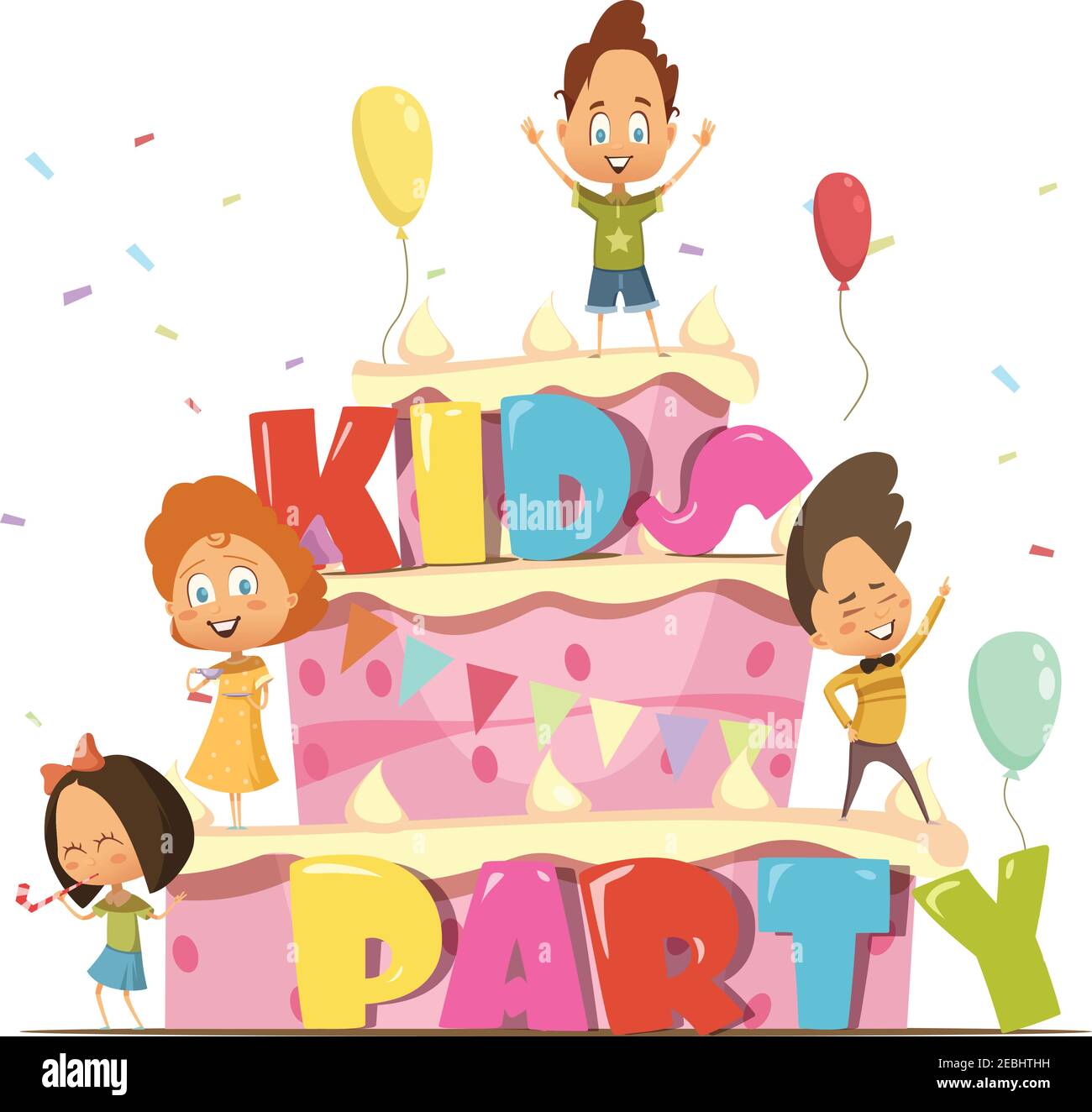 Kids Party flache Design-Vorlage für Kinder mit riesigen Kuchen Und Gruppe von Cartoon-Persönlichkeiten Retro-Vektor-Illustration Stock Vektor